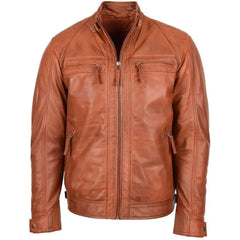 Men's Tan Quilted Leather Biker Jacket