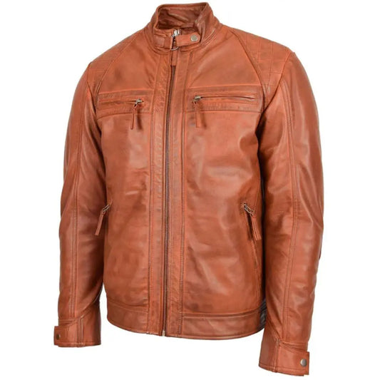 Men's Tan Quilted Leather Biker Jacket