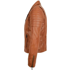 Men's Tan Quilted Sleeve Asymmetrical Leather Biker Jacket