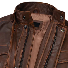 Men’s Vintage Brown Field Leather Jacket with Buckle Collar