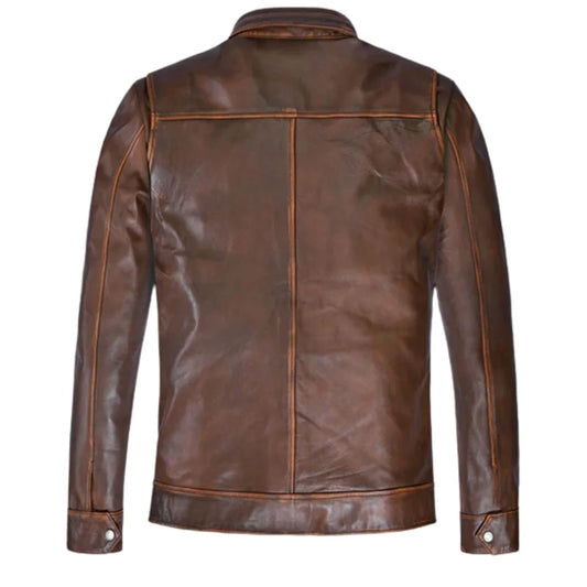 Men’s Vintage Brown Field Leather Jacket with Buckle Collar