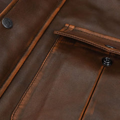 Men’s Vintage Brown Field Leather Jacket with Buckle Collar