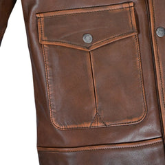 Men’s Vintage Brown Field Leather Jacket with Buckle Collar