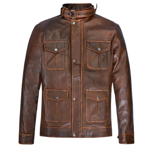 Men’s Vintage Brown Field Leather Jacket with Buckle Collar