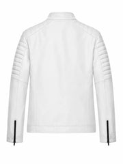 Men's White Asymmetrical Zipper Leather Jacket Back