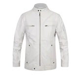 Men’s White Leather Jacket with Snap Collar