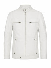 Men’s White Leather Jacket with Snap Collar Front