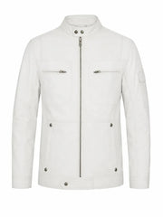 Men’s White Leather Jacket with Snap Collar Front