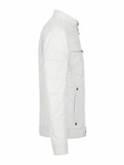 Men’s White Leather Jacket with Snap Collar Right