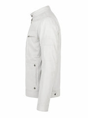 Men’s White Leather Jacket with Snap Collar Left