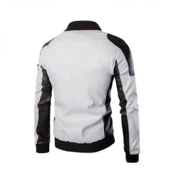 Men's White and Black Slim Fit Leather Jacket
