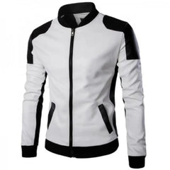 Men's White and Black Slim Fit Leather Jacket