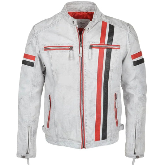 Men's White and Red Striped Leather Jacket