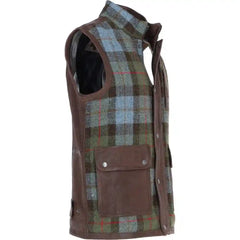 Men's Wool Plaid and Leather Trimmed Sleeveless Vest