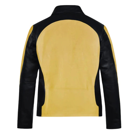 Men’s Yellow and Black Color Block Leather Jacket