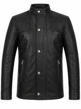 Men’s Black Band Collar Leather Jacket Front