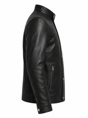 Men’s Black Band Collar Leather Jacket Right