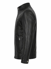 Men’s Black Band Collar Leather Jacket Left