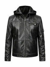 Men’s Black Hooded Zipper Leather Jacket Front
