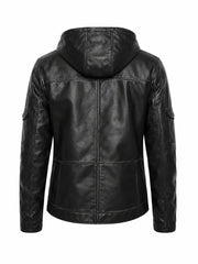 Men’s Black Hooded Zipper Leather Jacket Back