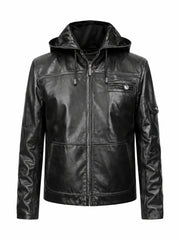 Men’s Black Hooded Zipper Leather Jacket Front