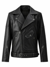 Men’s Black Lace-Up Belted Leather Jacket Front