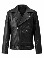 Men’s Black Lace-Up Belted Leather Jacket Front