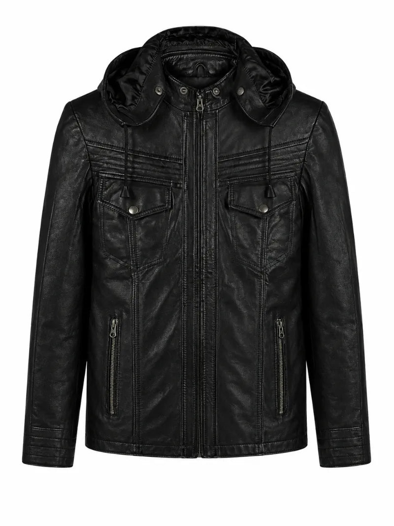 Men’s Black Leather Hooded Jacket Front