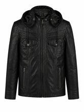 Men’s Black Leather Hooded Jacket Front