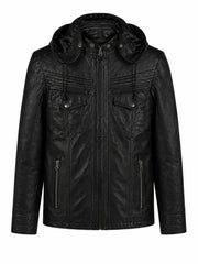 Men’s Black Leather Hooded Jacket Front