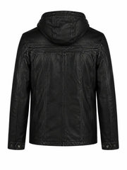 Men’s Black Leather Hooded Jacket Back