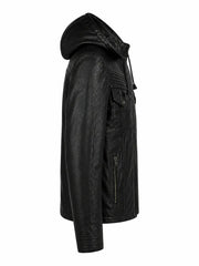Men’s Black Leather Hooded Jacket Right