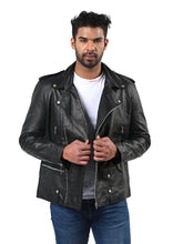 Men's Black Leather Jacket with Zip Cuffs Front