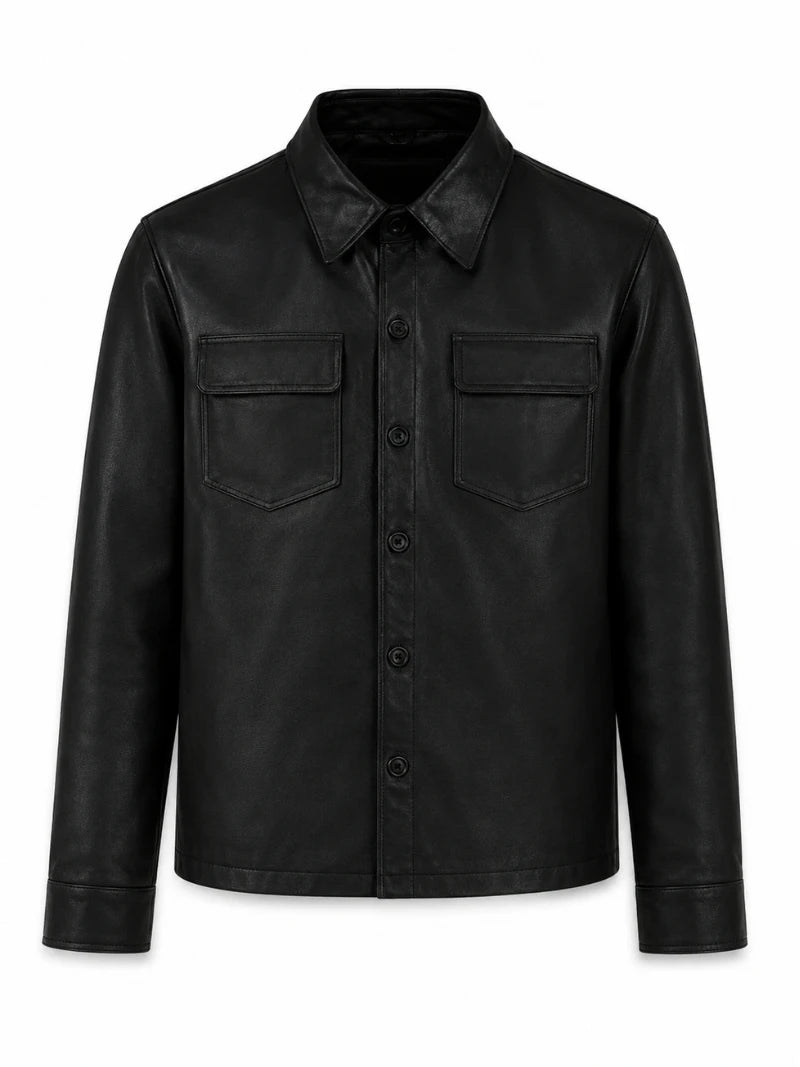 Men's Black Leather Shirt Jacket with Pockets Front