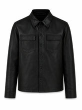 Men's Black Leather Shirt Jacket with Pockets Front