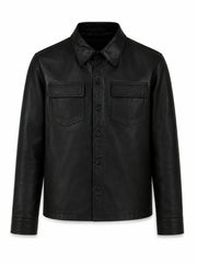 Men's Black Leather Shirt Jacket with Pockets Front