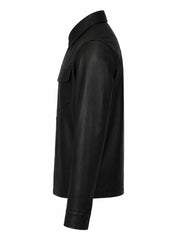 Men's Black Leather Shirt Jacket with Pockets Left