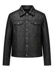 Men’s Black Leather Trucker Jacket Front