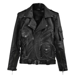 Men's Black Leather Shirt Jacket with Flap Pockets