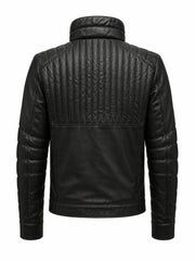 Men's Black Quilted Design Leather Jacket Back
