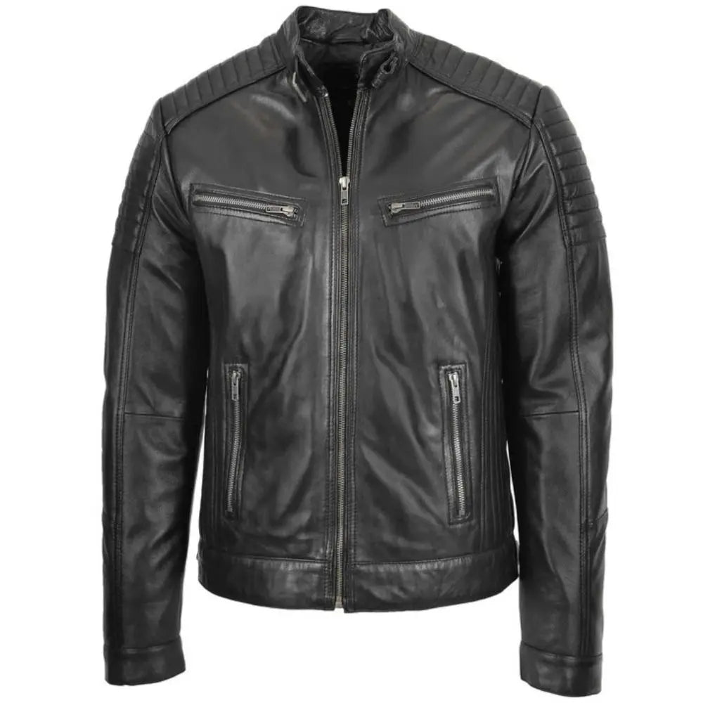 Men's Black Quilted Genuine Leather Biker Jacket