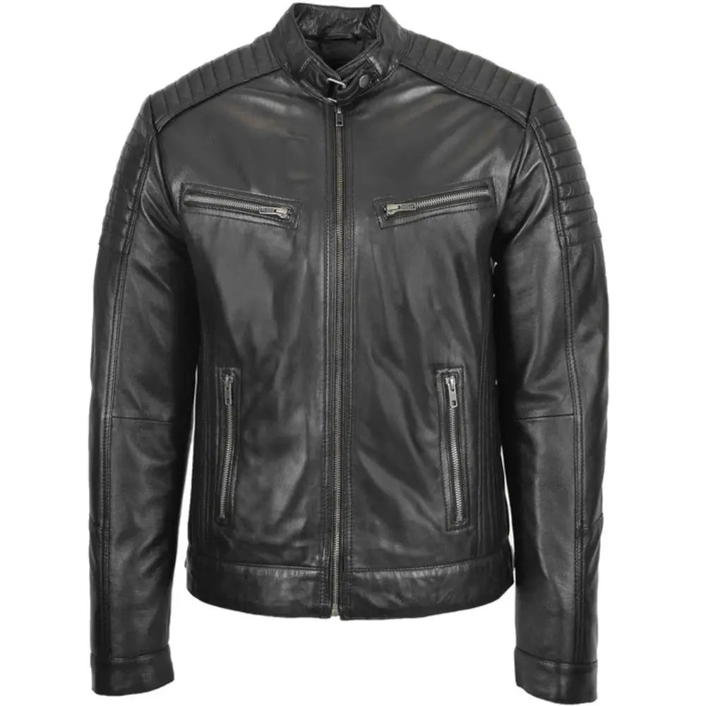Men's Black Quilted Genuine Leather Biker Jacket