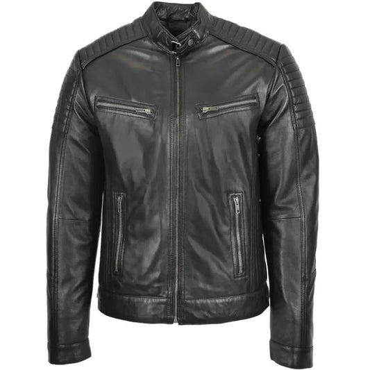 Men's Black Quilted Genuine Leather Biker Jacket