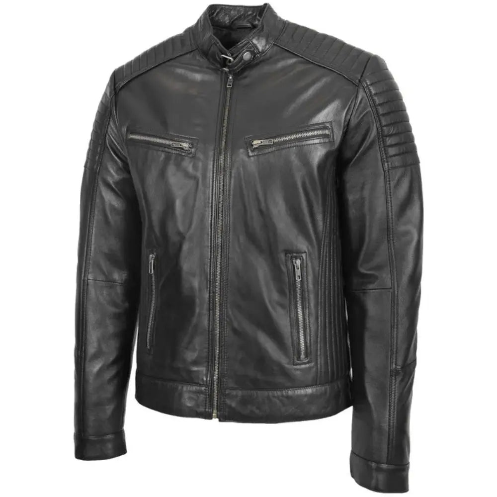Men's Black Quilted Genuine Leather Biker Jacket