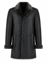 Men’s Black Shearling-Lined Leather Coat Front