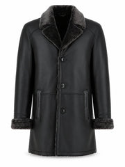 Men’s Black Shearling-Lined Leather Coat Front