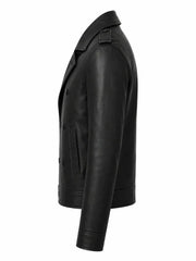 Men’s Black Simple Cowhide Leather Jacket Left
