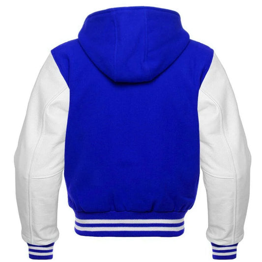 Men's Blue and White Hooded Varsity Jacket