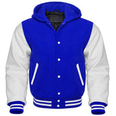 Men's Blue and White Hooded Varsity Jacket