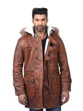 Men’s Brown Leather Coat with Fur Hood Front
